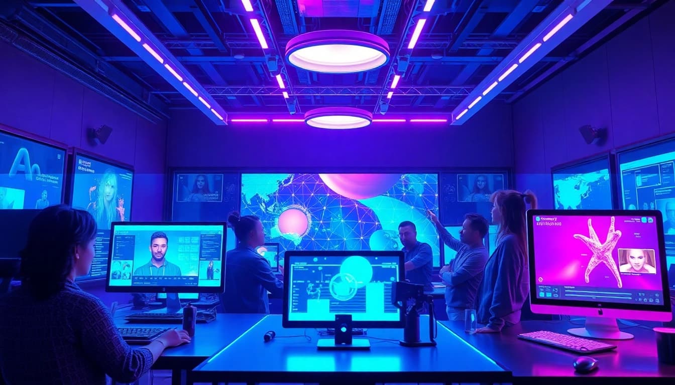 AI porn creation using innovative tools in a vibrant digital studio.