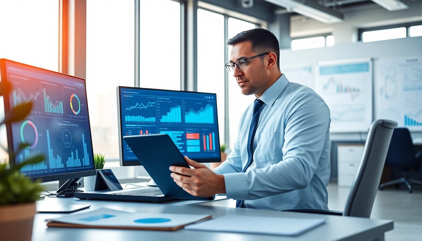 Analyze demand planning strategies in a modern office filled with data and insights.