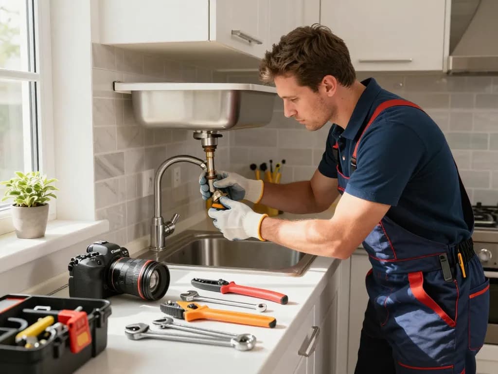 Encanador working on a kitchen sink repair with tools organized in a well-lit modern kitchen.