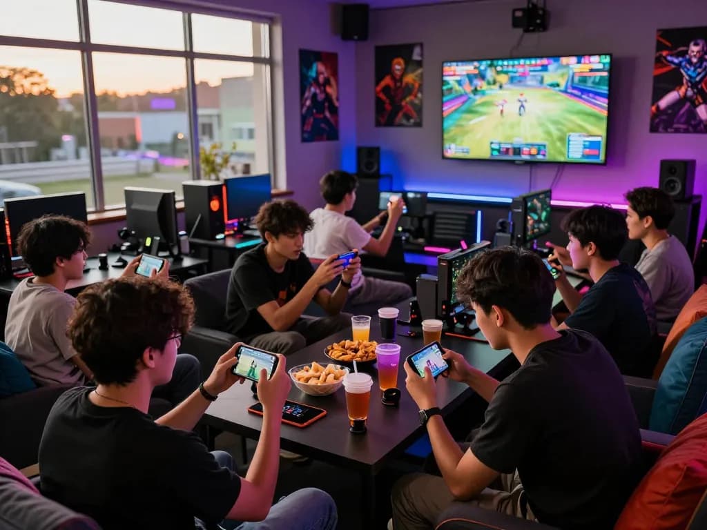 Excited friends playing mobile porn games in a vibrant gaming lounge.