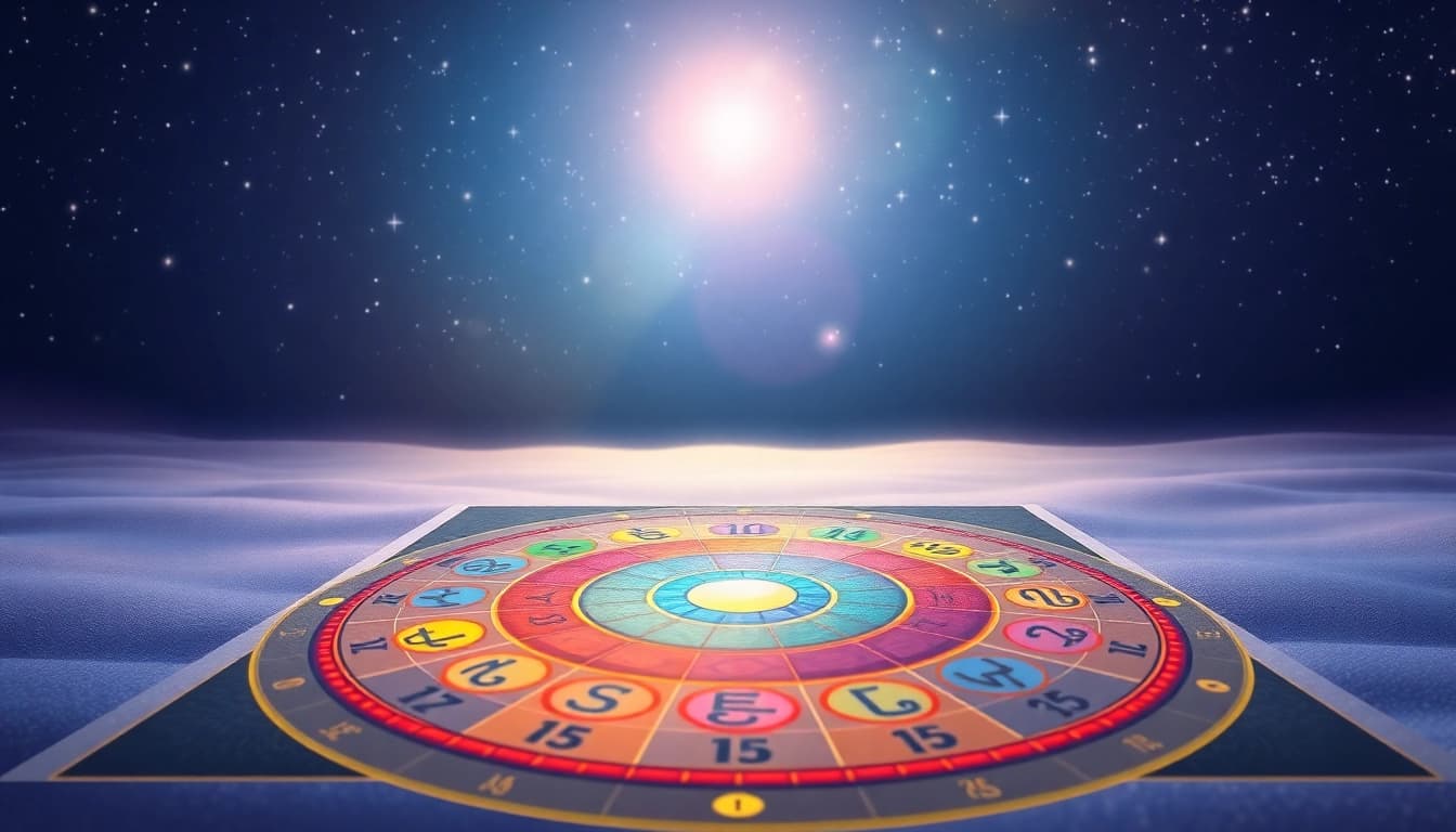 Visualize your destiny matrix chart in an enlightening and harmonious illustration with vibrant colors.
