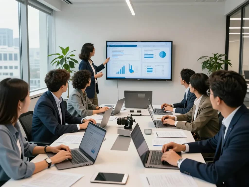 Team collaborating in a modern office, showcasing aluguel de notebooks para empresas for enhanced productivity.