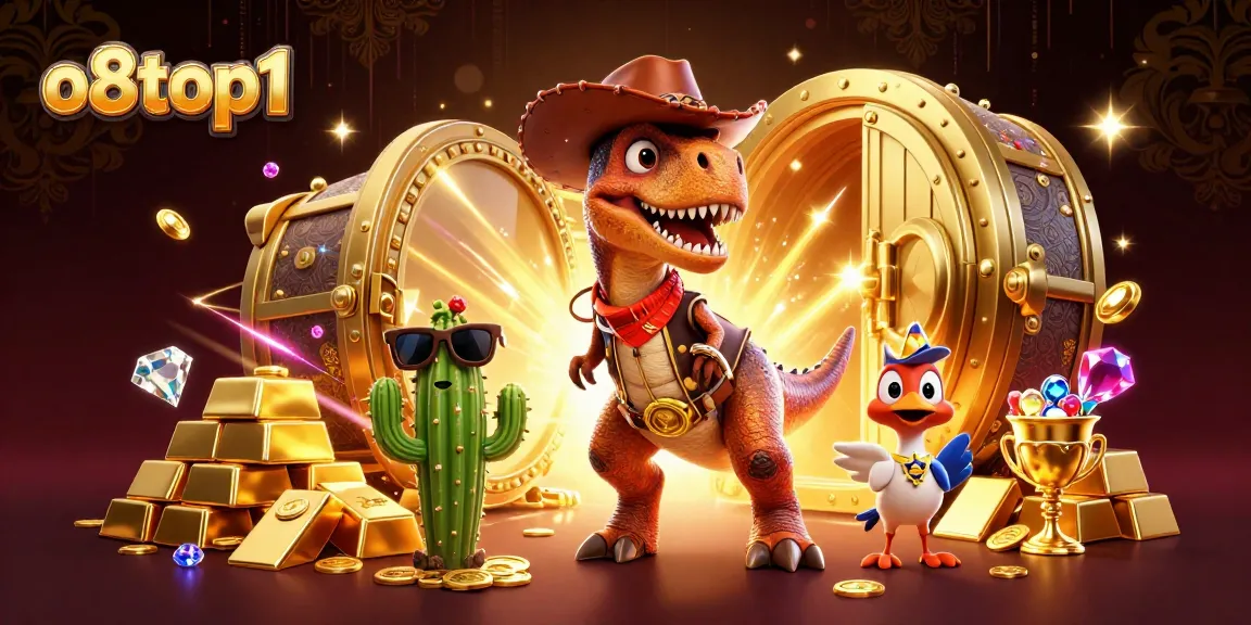 o8top1 presents an exhilarating casino illustration featuring a T-Rex cowboy and treasure elements.