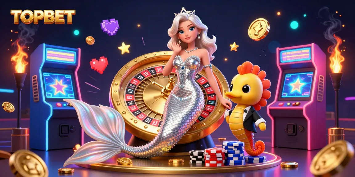 Join the excitement at TOPBET with a stunning illustration featuring a glamorous mermaid and a friendly seahorse at a roulette table.