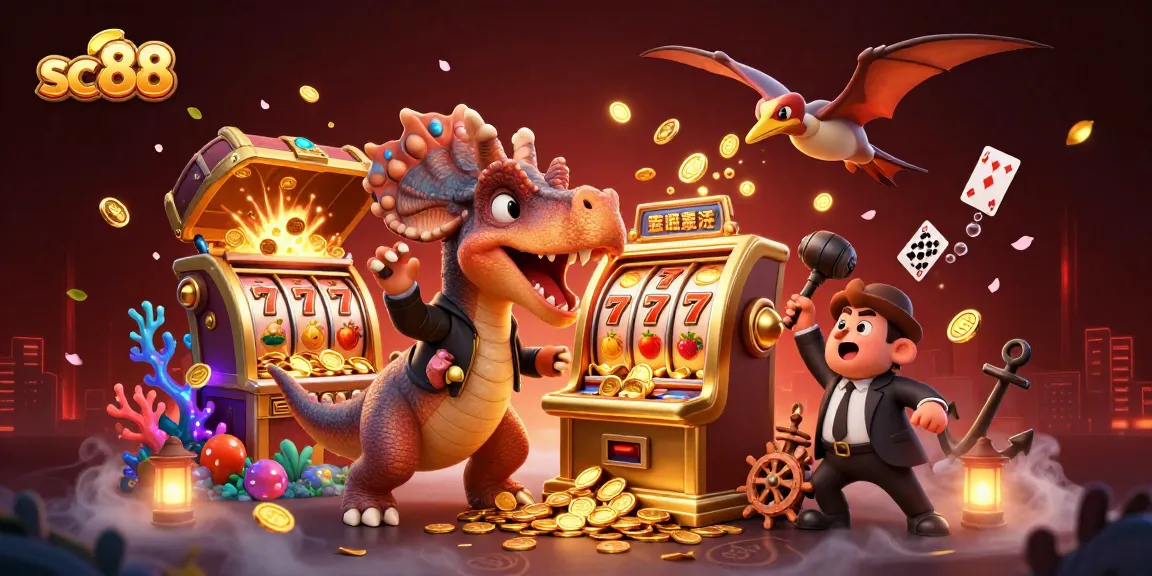 sc88 pachycephalosaurus wins coins at a golden slot machine in an animated casino scene.