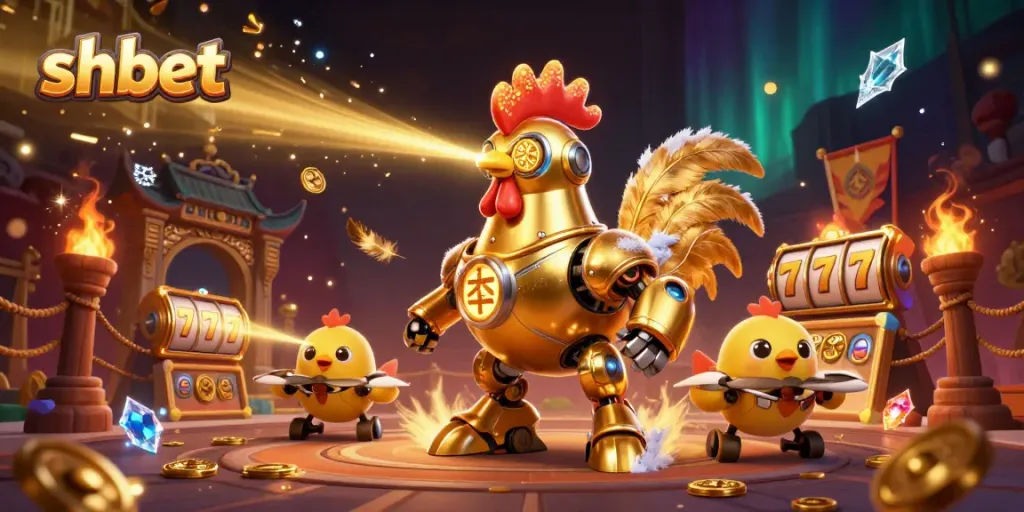 Win big with shbet in a vibrant casino scene featuring a golden rooster robot and dynamic game elements.