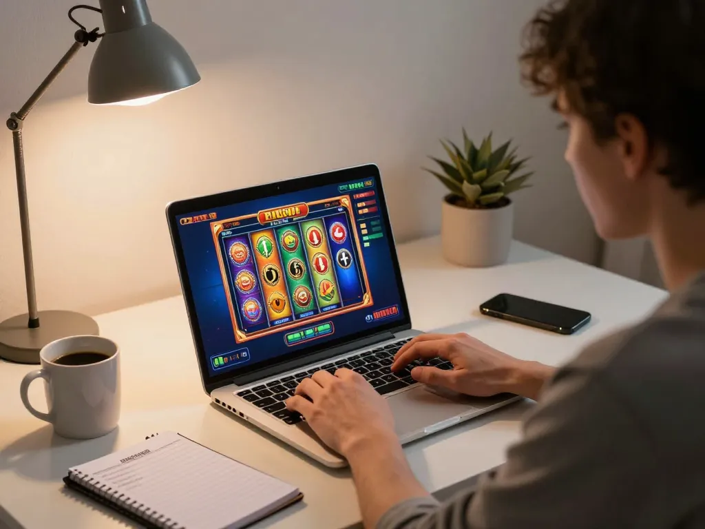 Player engaging in MK8 online casino gaming with colorful slot interface and strategy notes visible.