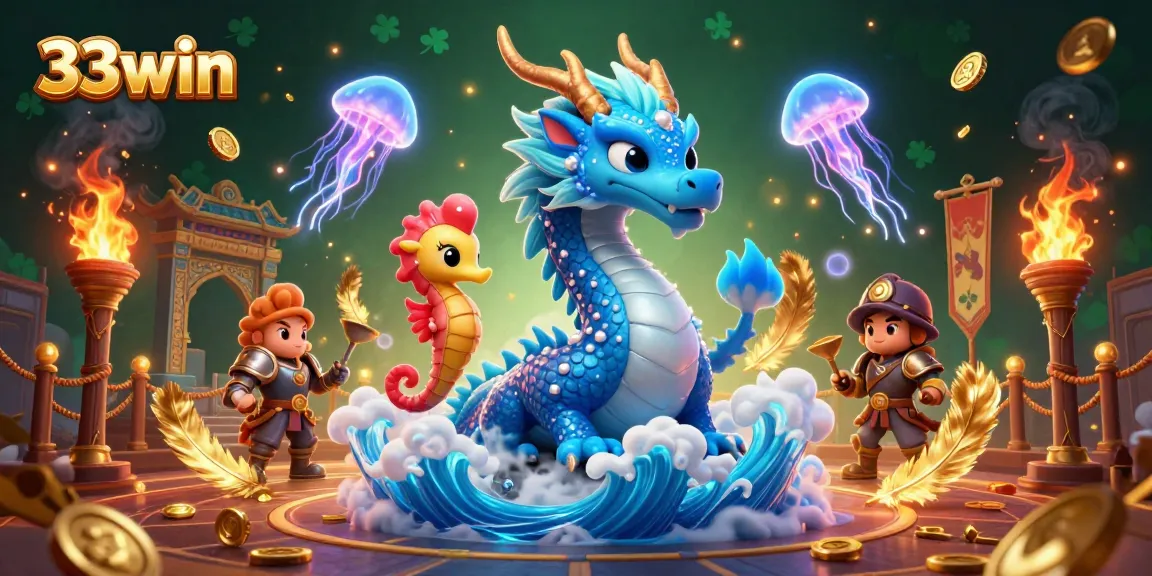Experience thrilling action with 33win's azure dragon and coral knight amidst swirling golden elements.