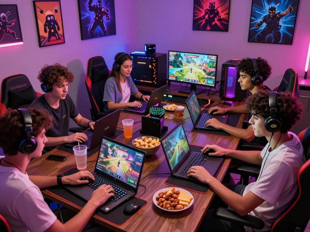 Players enjoying a gaming session on HH55 with vibrant screens and snacks.