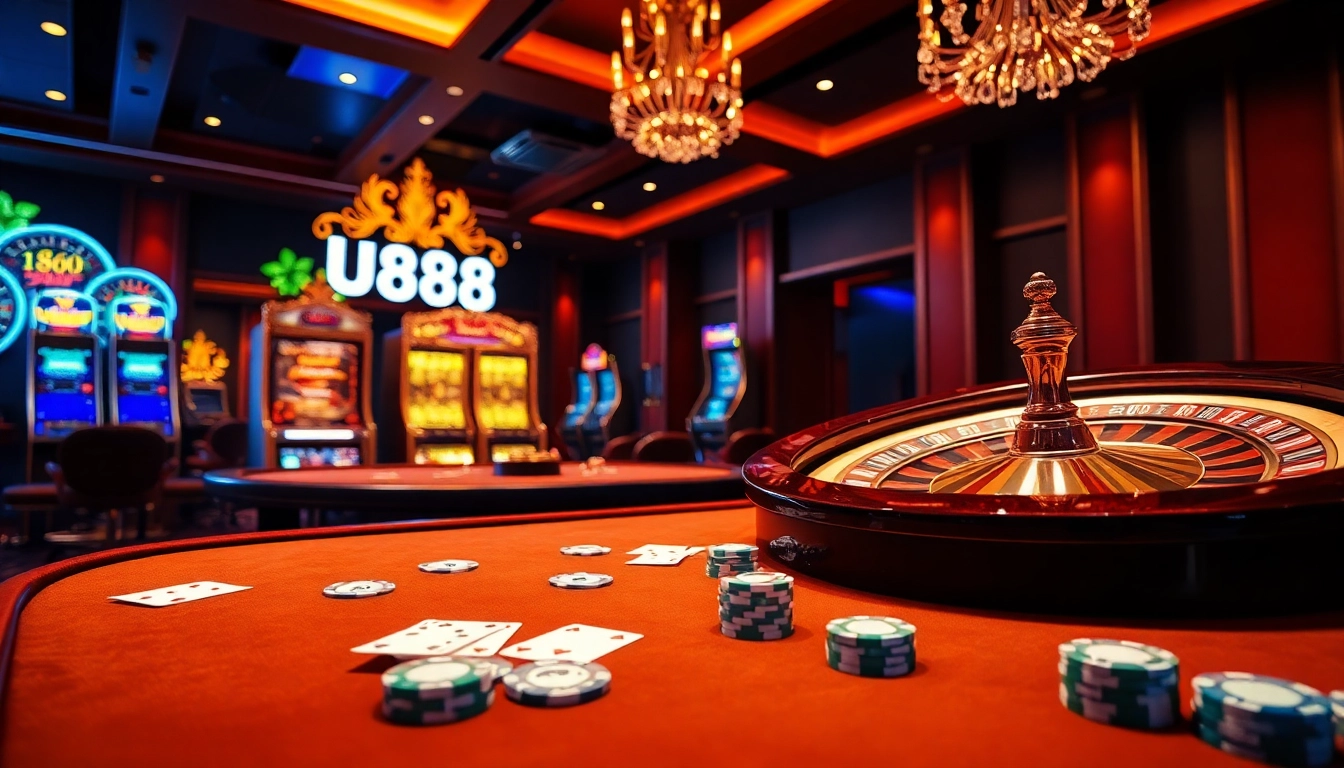 An elegant U888 online casino scene with vibrant tables and slot machines for an exciting gaming experience.