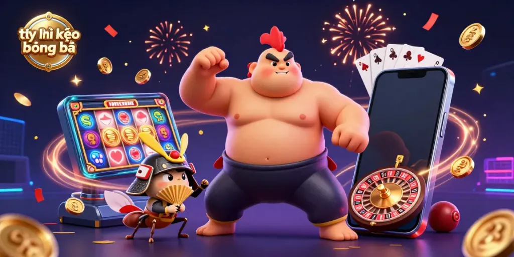 Experience the dynamic world of tỷ lệ kèo bóng đá with a powerful sumo wrestler rooster, fighting cricket, and announcer amidst vibrant gaming elements.