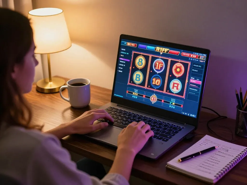 Player enjoying exciting slot games on 81FF from a cozy home setup, showcasing strategy notes and a warm atmosphere
