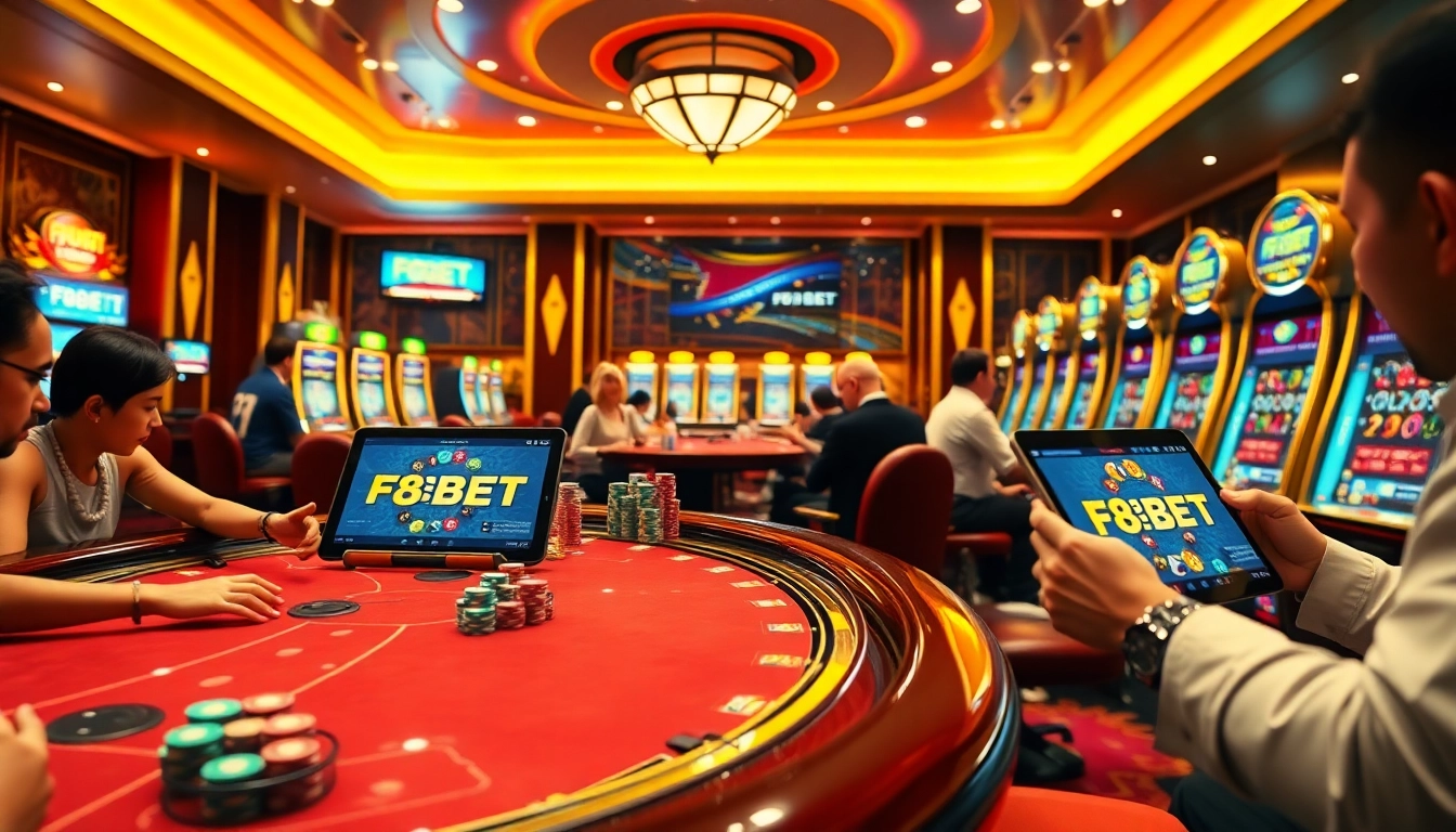 Experience exciting gaming with F8BET's dynamic casino scene filled with poker chips and lively players.