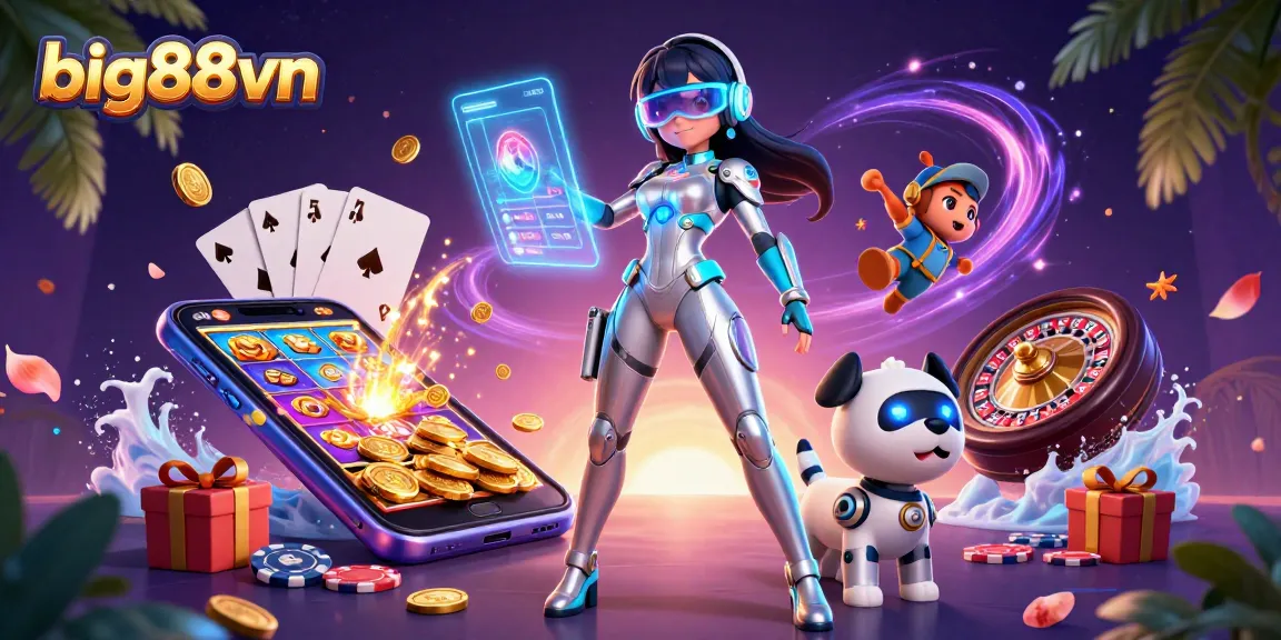 Win big88vn with a stunning woman and robot dog in a vibrant 3D casino scene.