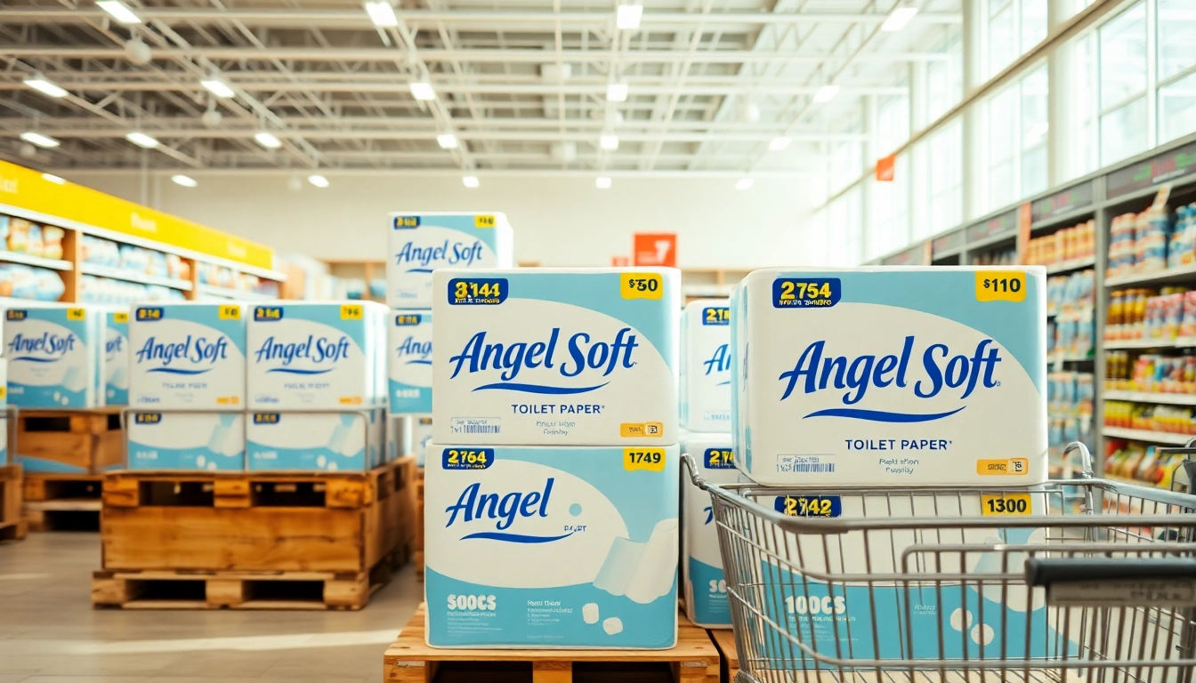Showcase of Angel Soft Toilet Paper Pallets neatly arranged in a grocery aisle.