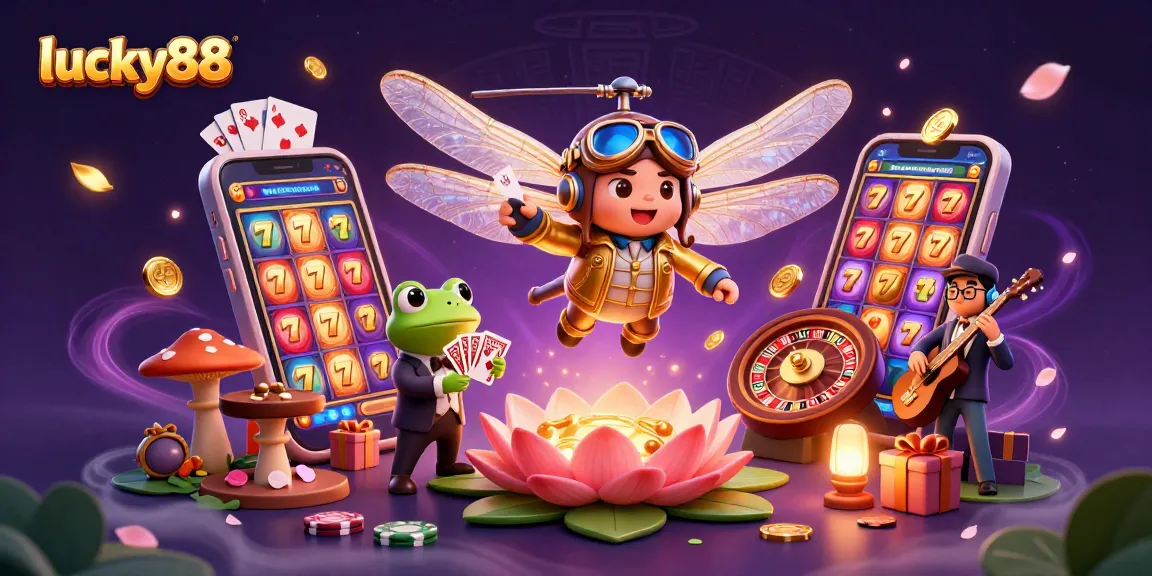 Engage with lucky88's vibrant gaming scene featuring a dragonfly pilot and frog croupier.