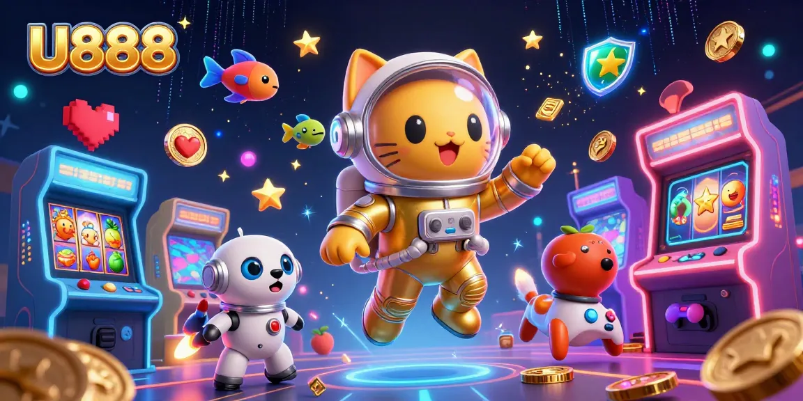 Bet on thrilling U888 slot games with a dynamic scene showcasing fun characters and vibrant gaming elements.