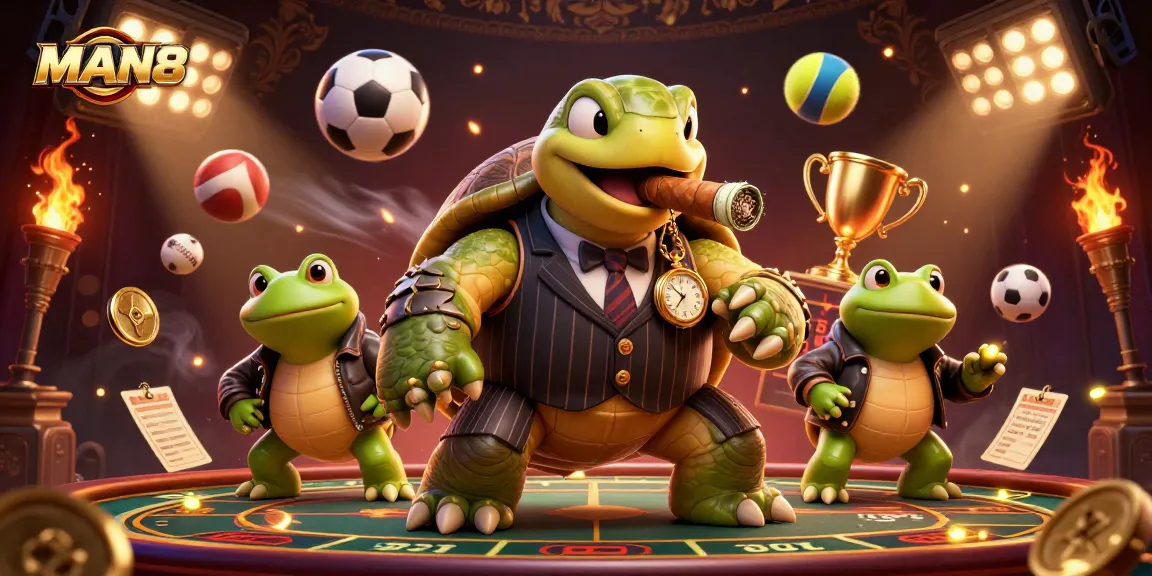 Engage with MAN88 betting action featuring a snapping turtle mobster and bullfrog enforcers amid dynamic sports elements.