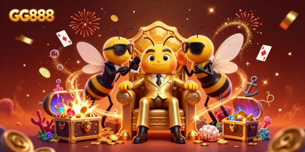 Win big with GG888 in a vibrant casino scene featuring a bumblebee mob boss and treasure.