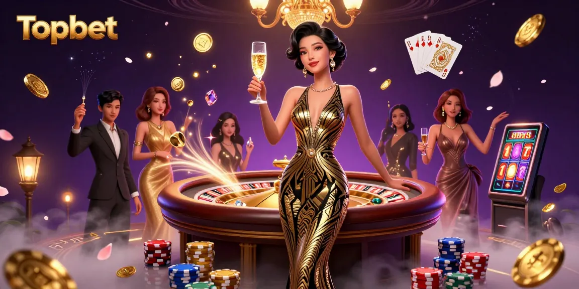 Experience Topbet’s luxurious online gaming scene with a glamorous woman, casino elements, and sparkling treasures.