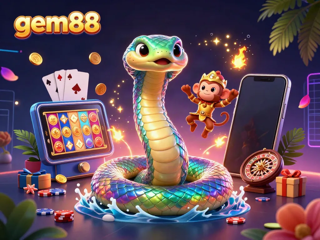 Experience the thrilling world of gem88, with a colorful gaming scene featuring a vibrant rainbow serpent and exciting casino elements.