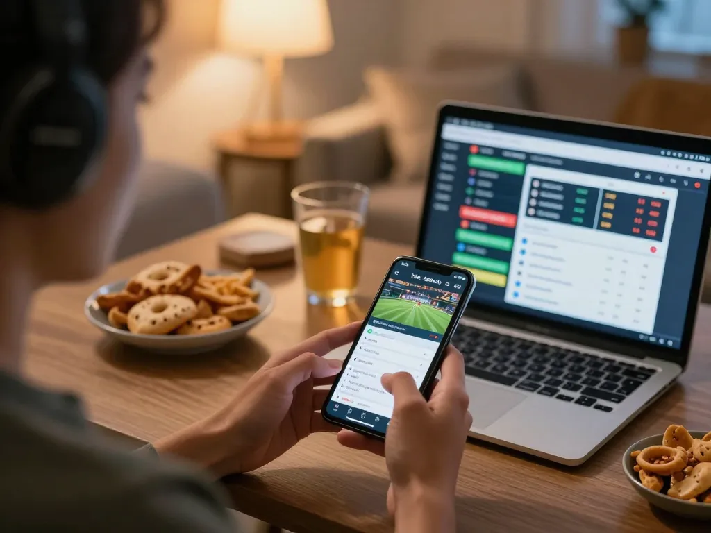 Player using AA888 sports betting app in a cozy living room, focusing on live betting and strategy.