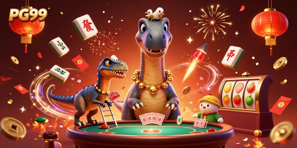 Join the excitement at PG99 with cartoon dinosaurs celebrating gaming wins in a vibrant casino scene.