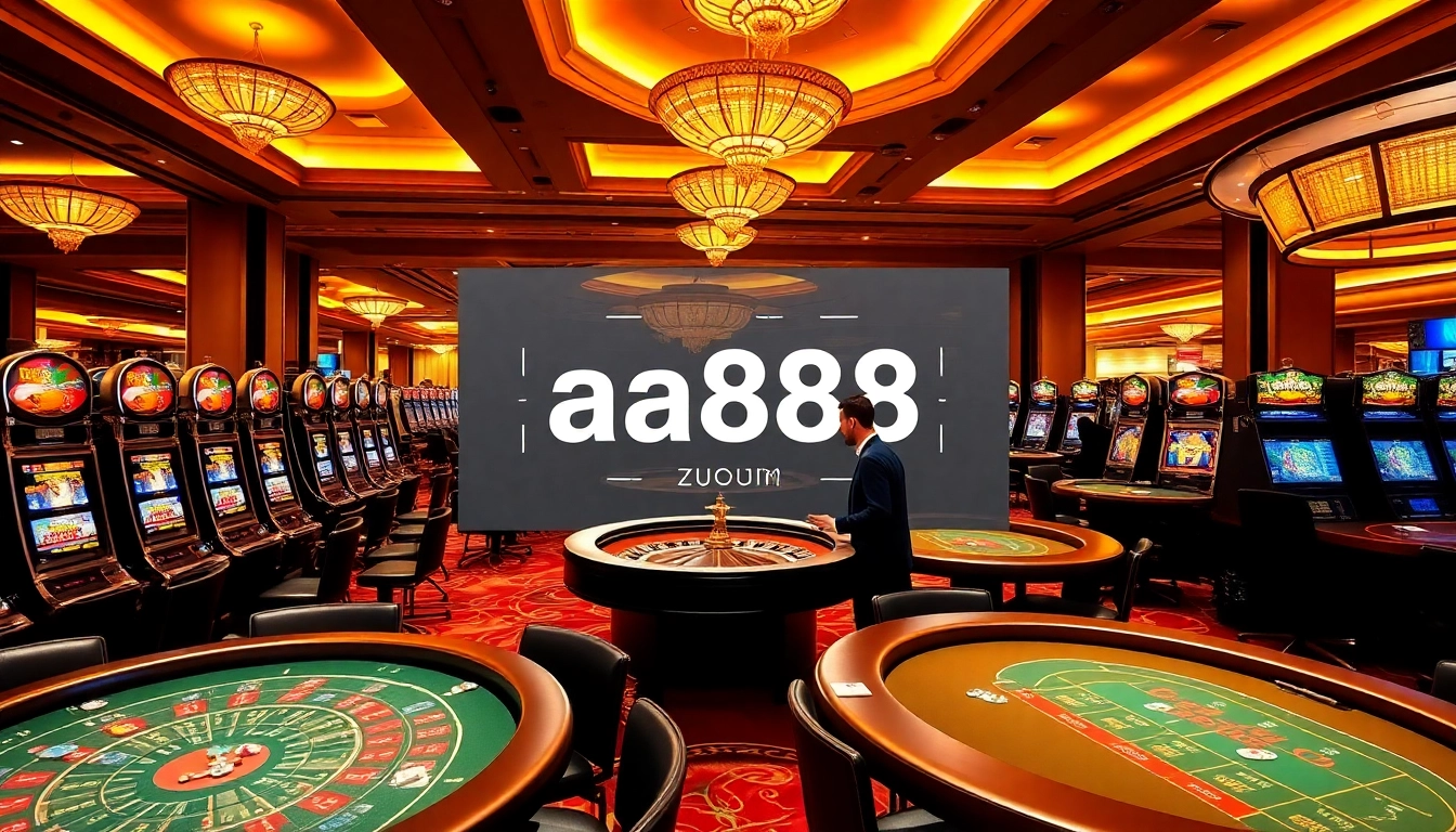 Cena envolvente com jogadores desfrutando dos jogos de cassino online aa888 em mesas e máquinas elegantes.