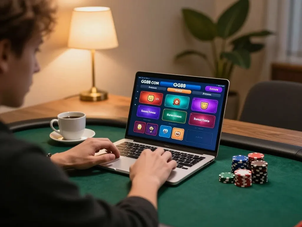Engaging in poker gameplay on GG88 COM with a vibrant interface and cozy setup.