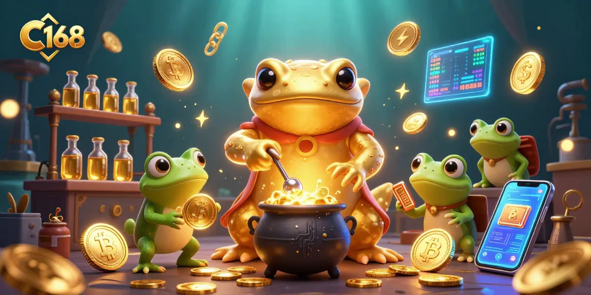 C168 players enjoy winning gold in a vibrant, dynamic gambling scene filled with 3D crypto elements.