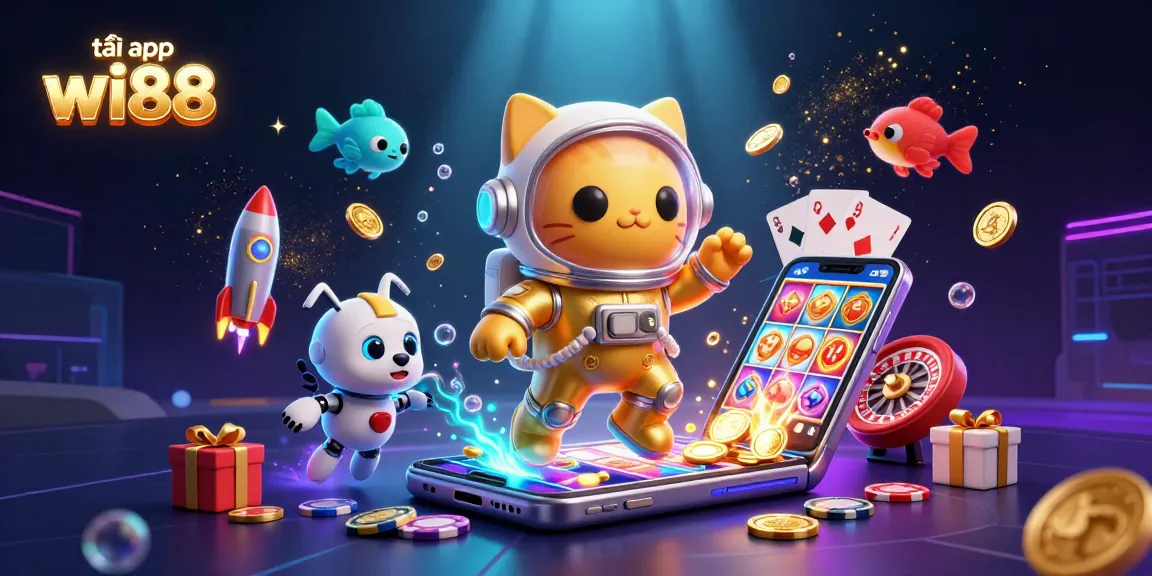 Tải app wi88 to experience an exciting casino atmosphere with gold coins and game icons!