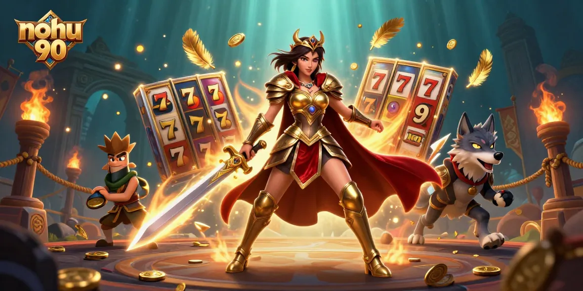 Nohu 90 jackpot excitement illustrated with a warrior queen and glowing wolf amidst slot machines.