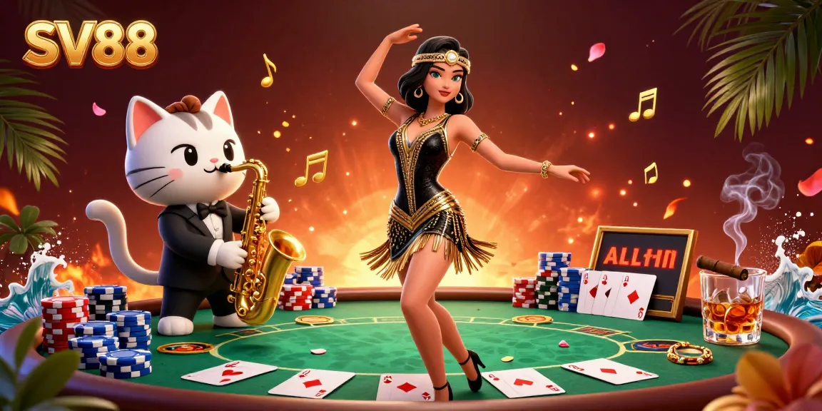 Engage in a thrilling SV88 casino scene with a glamorous woman and a saxophone-playing cat amidst vibrant gambling elements.