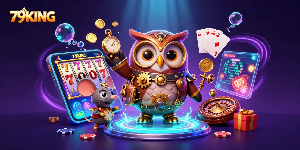 Experience the thrill of gaming with 79KING, featuring an animated scene of slots and casino excitement.