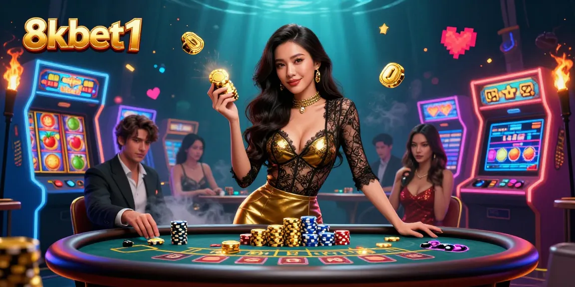Experience high-stakes gaming at 8xbet1 with a glamorous Asian woman at a baccarat table holding golden casino chips.