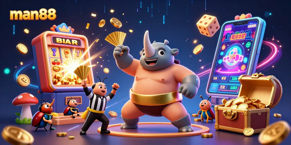 Experience thrilling moments at man88 with a sumo beetle champion revealing a jackpot explosion in a vibrant casino scene.