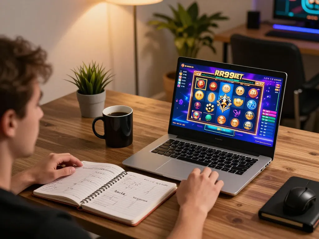 Gambling enthusiast engaged in RR99 BET online gaming session showcasing exciting slot game interface.