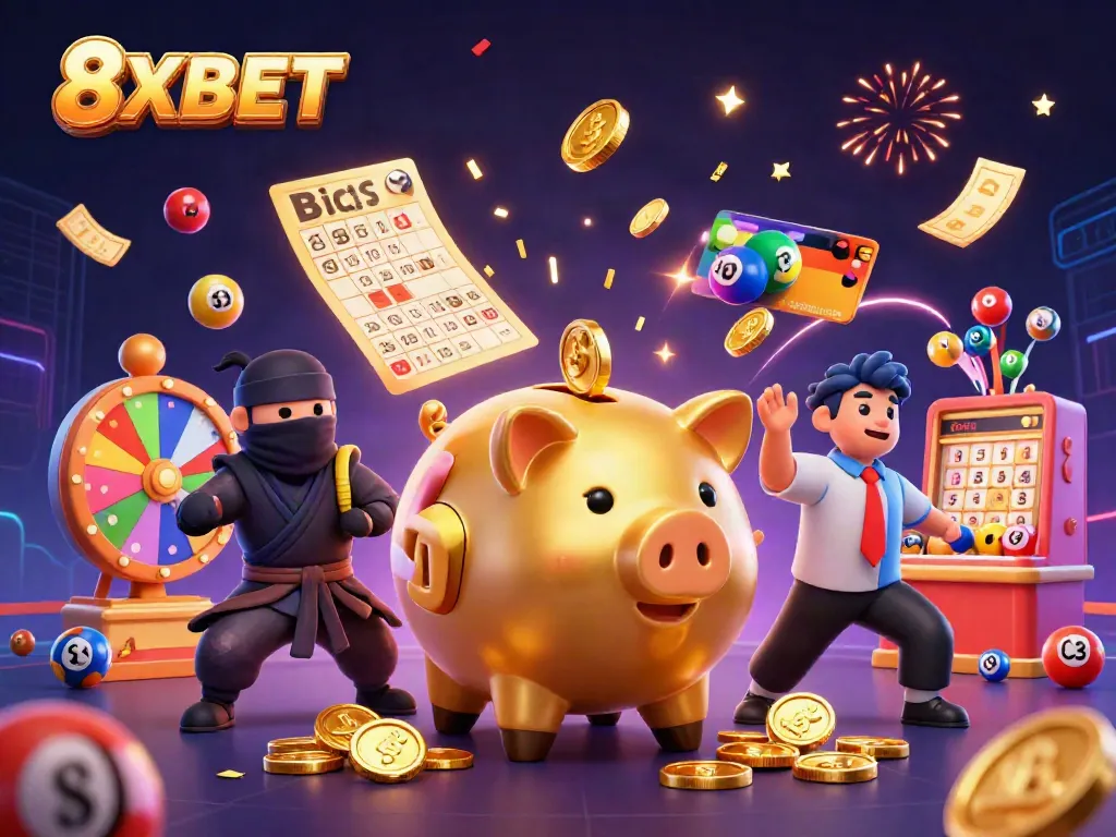 Engage in thrilling games at 8XBET with festive visuals of gaming action and colorful lottery elements.