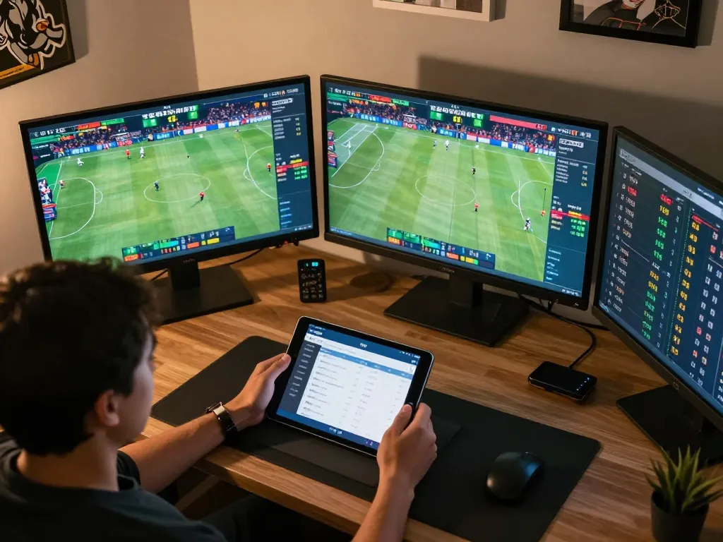 Engaging with the 75W app for online sports betting with live match displays.