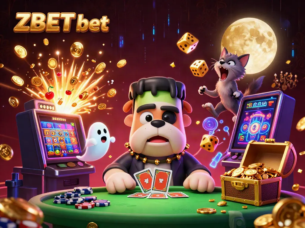 ZBET bet features a cartoon bulldog dealer in a spooky casino scene with gold coins exploding.