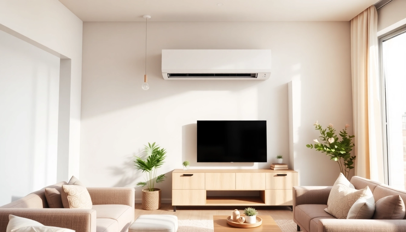 Install mini split ac in a stylish living room, highlighted in natural light.