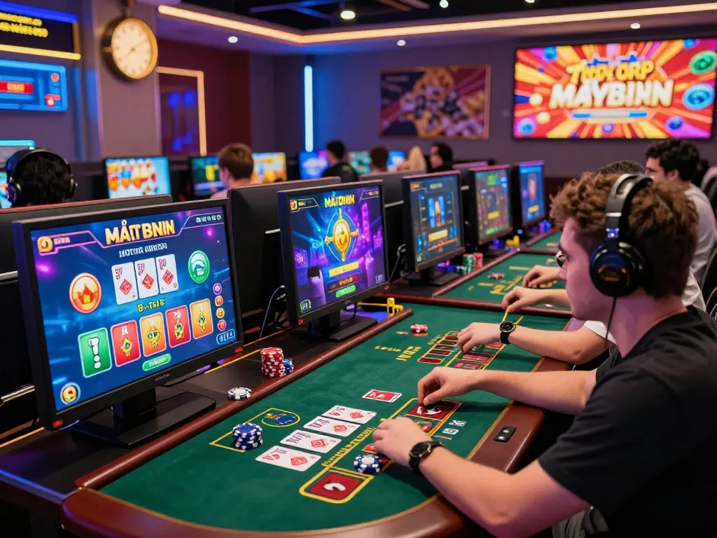 Exciting online gaming experience featuring players betting on Baccarat and Mậu Binh, highlighting the vibrant atmosphere and interactive digital elements while exploring link vào onbet.