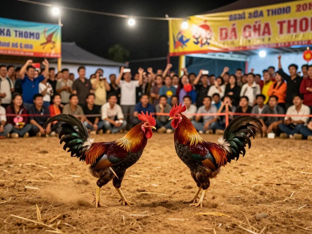 Watch thrilling cockfights at Đá Gà Thomo with energetic crowds and dramatic moments in vivid detail.