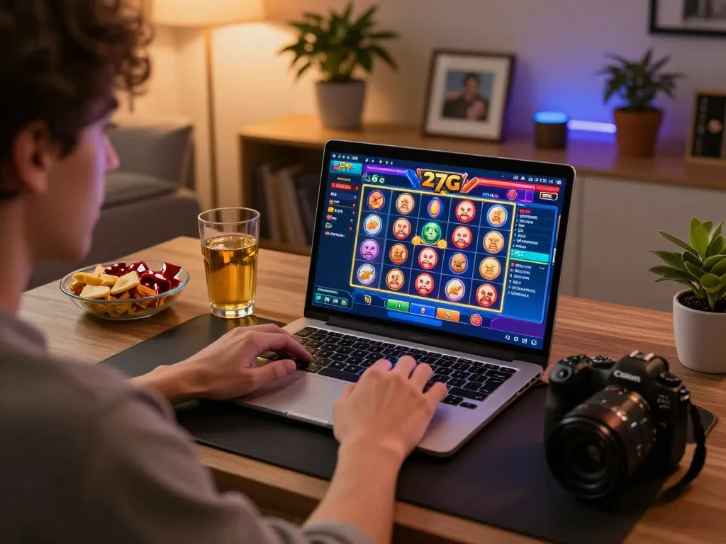 Engaging online gaming scene featuring 27G casino interface on laptop with cozy home setting
