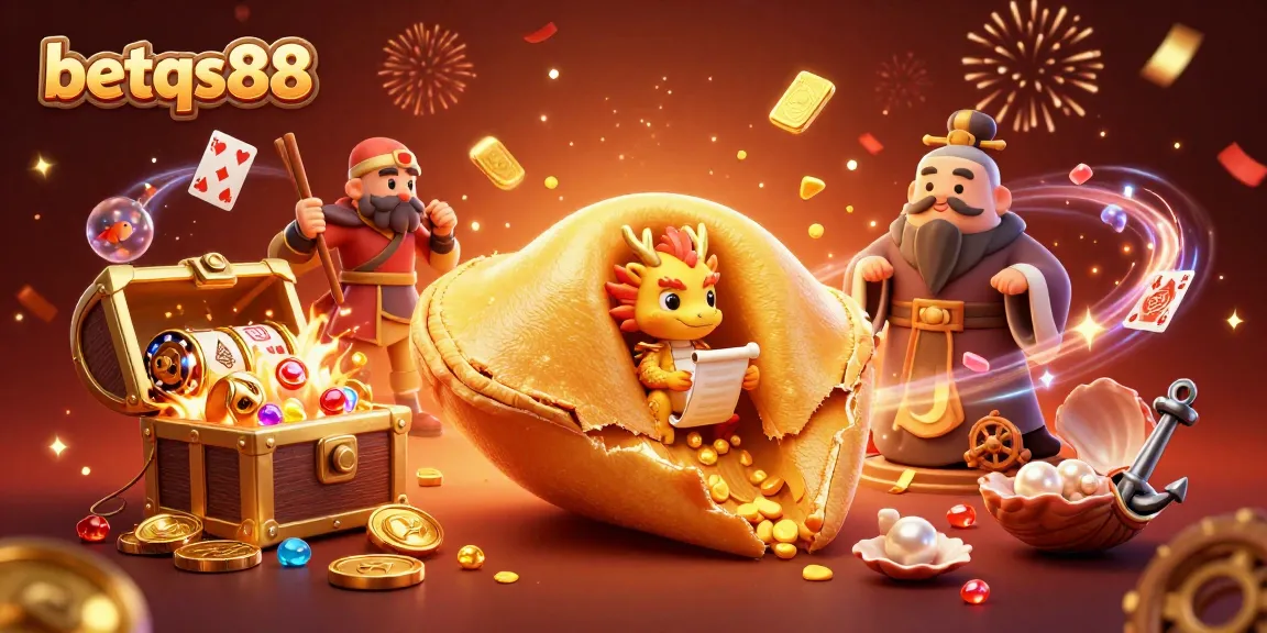 Experience wins at betqs88 with an exciting 3D illustration featuring a golden fortune cookie and colorful gaming elements.