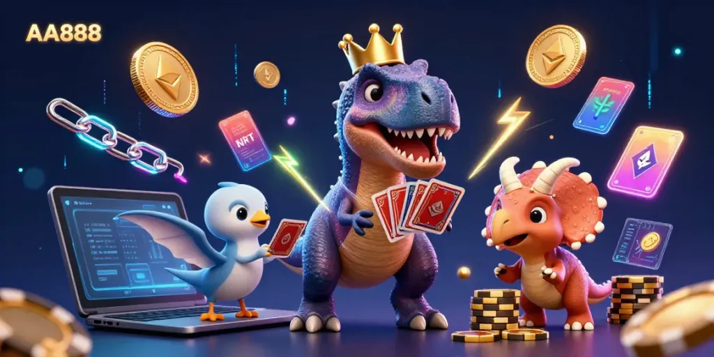 Enjoy thrilling moments at AA888 with a T-Rex shuffling cards, showcasing vibrant gaming elements.