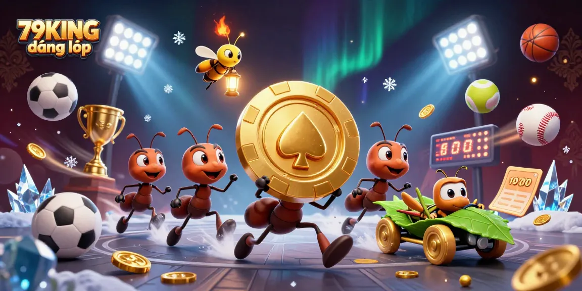 Experience thrilling fun with 79KING đăng nhập as animated ants carrying a giant poker chip through a vibrant casino background.