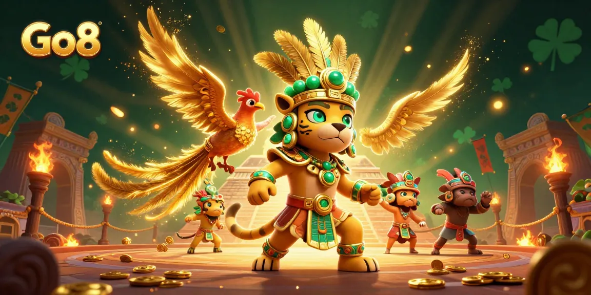 Engage in thrilling gaming at Go8 with 3D Mayan jaguar priest, winning gold tokens and dramatic elements.