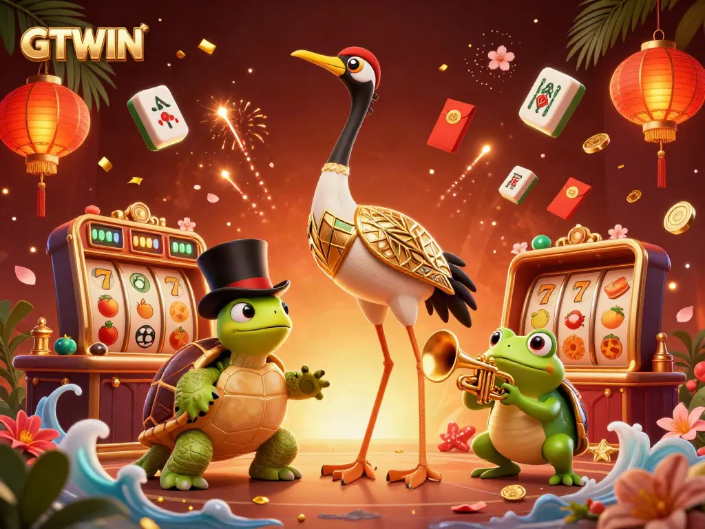 GTWIN enthusiasts enjoying a vibrant casino scene with slot machines, jackpot counter, and festive decorations.