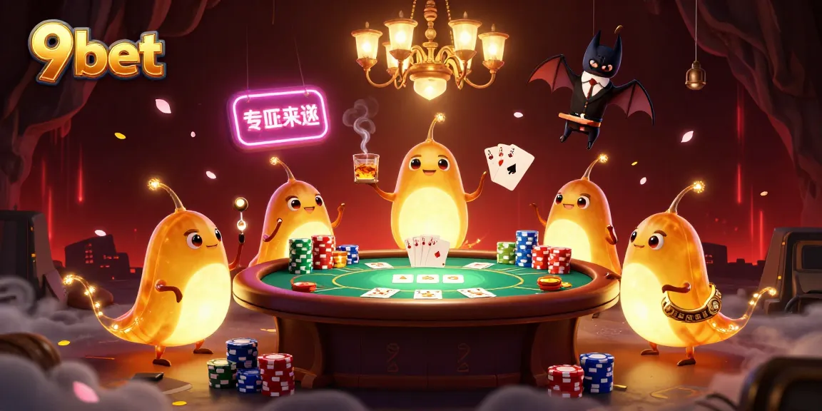 Engage in vibrant casino action with 9bet's glowworms, a unique gaming experience with poker tables and colorful chips.